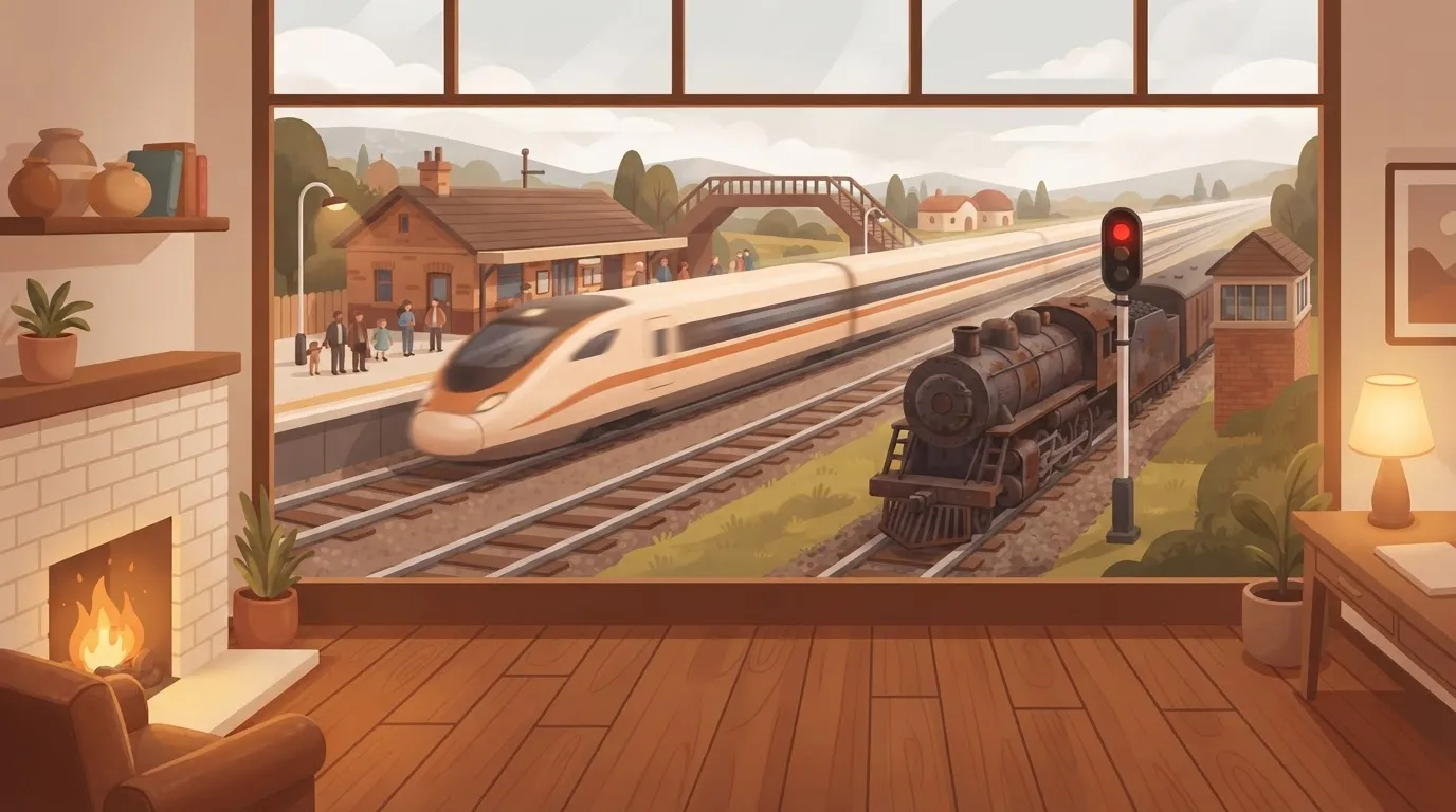 A high-speed sleek train zooming past a station on a bypass track, while a heavy, rusted steam locomotive is stopped on a…