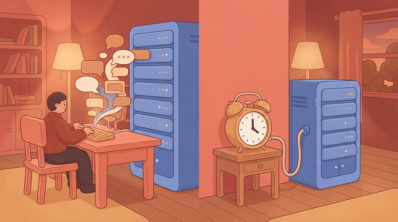 A split view: on one side, a person sitting at a keyboard typing into a chat bubble that leads to a server rack; on the…