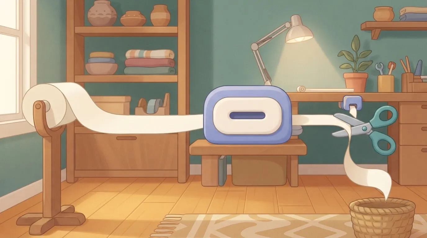 A long paper scroll being fed into a small machine; as the paper enters the slot, the far end of the scroll is being…