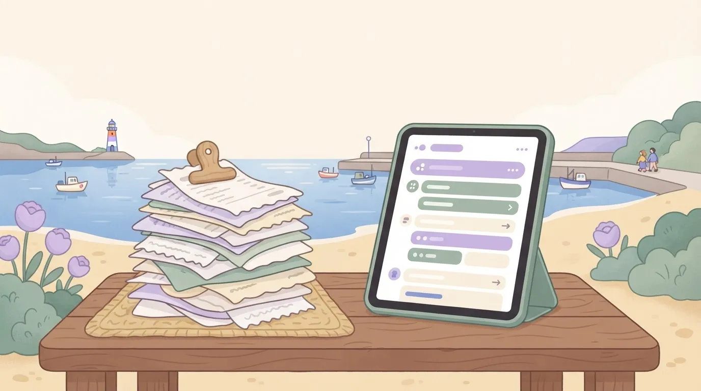 A stack of paper receipts and invoices sits next to a digital tablet displaying a series of vertical digital logs arranged…