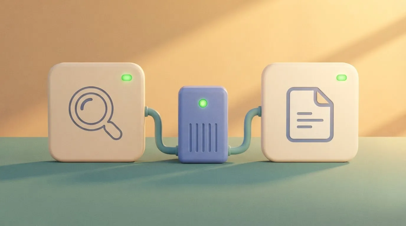 Two cards side by side, one with a magnifying glass for web search, one with a page icon for fetch, each with a green…