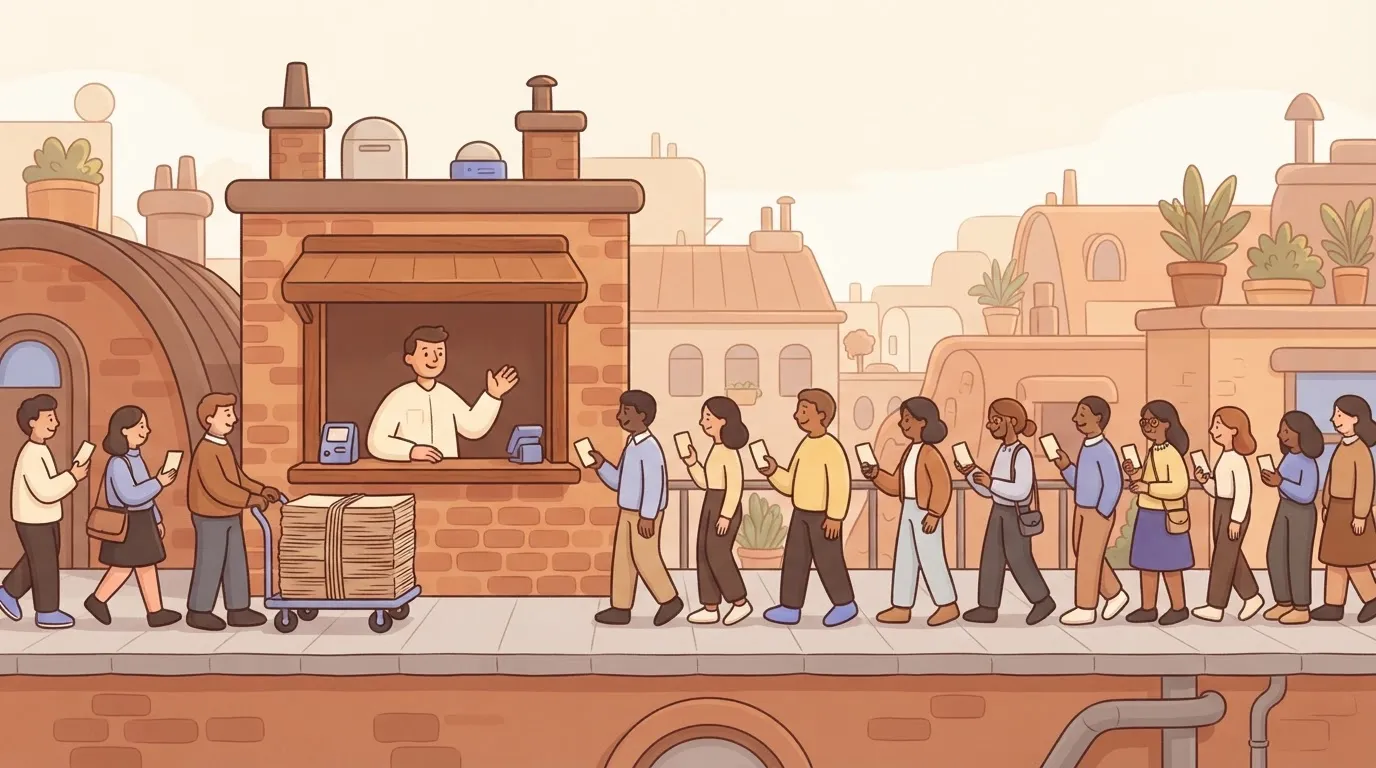 Long queue of single-slip people at a counter while a bundled stack sits unused