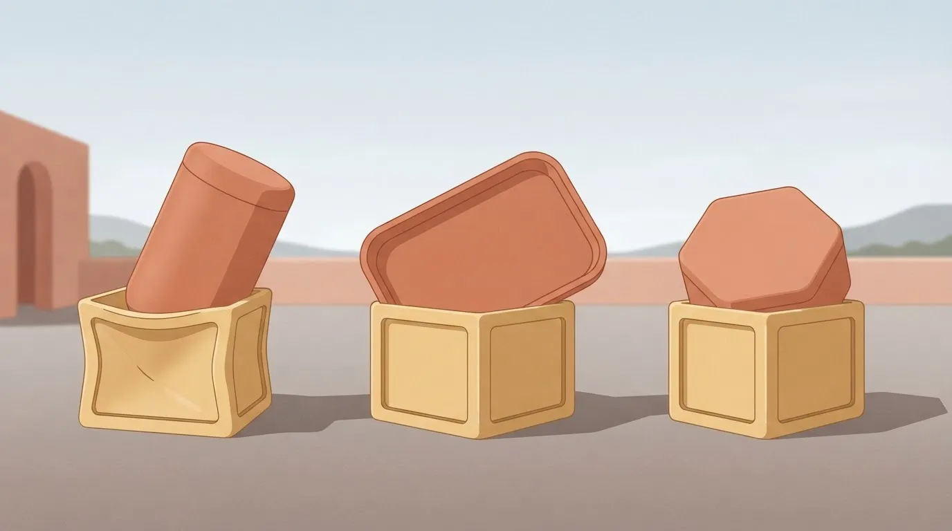 A series of different shaped containers—a tall cylinder, a flat tray, and a hexagonal box—each being forced to sit inside a…