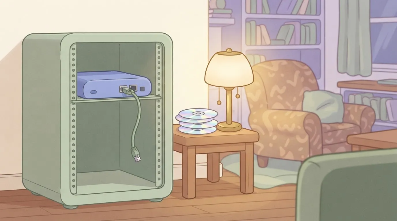 A metal firewall box sits on a rack shelf with a single disconnected cable hanging loosely from a port.