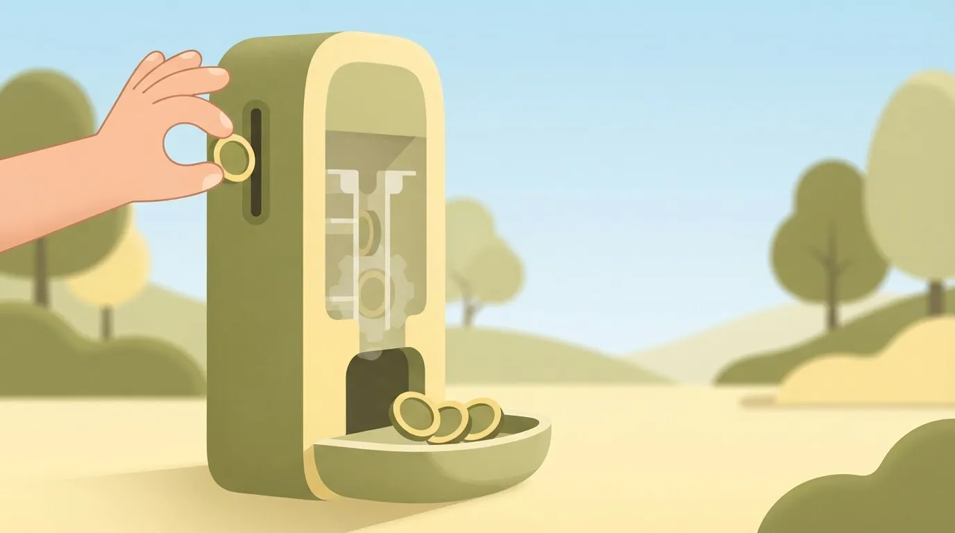 A single hand dropping one small coin into a slot, but three identical coins are shown coming out of a dispenser at the…