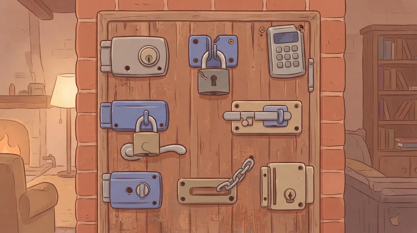 A wall with ten different types of locks—deadbolts, padlocks, and electronic keypads—all protecting a single door, but each…