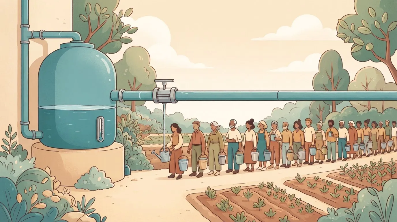 Narrow pipe with a crowd of buckets waiting