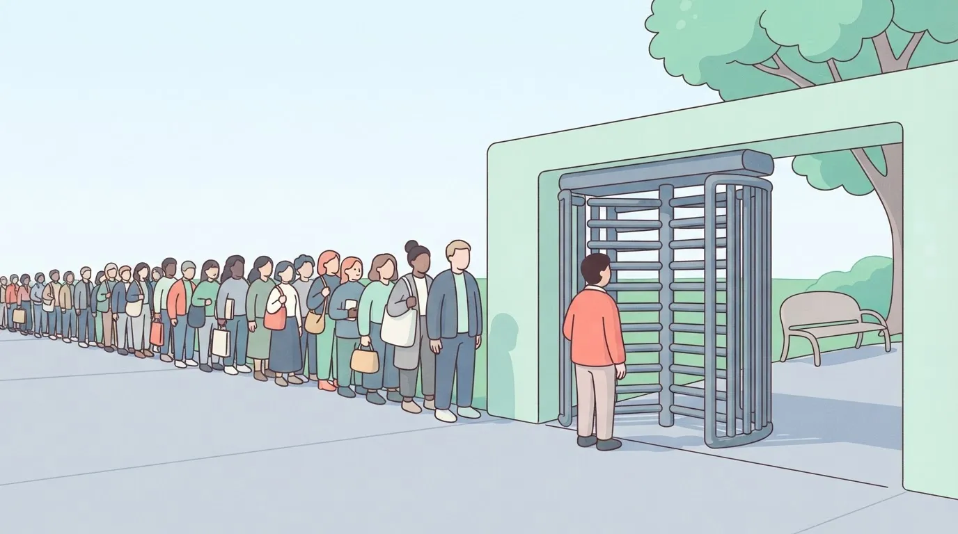 A single person standing in front of a heavy turnstile, while a large crowd of people wait behind them, all required to…