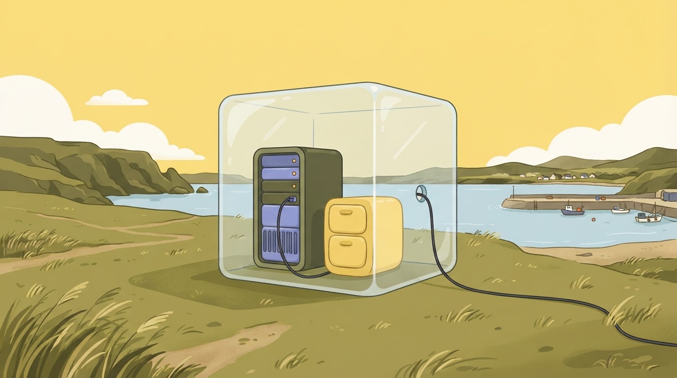 A large, solid glass cube sitting in a field; inside the cube is a single server rack and a filing cabinet, with only one…