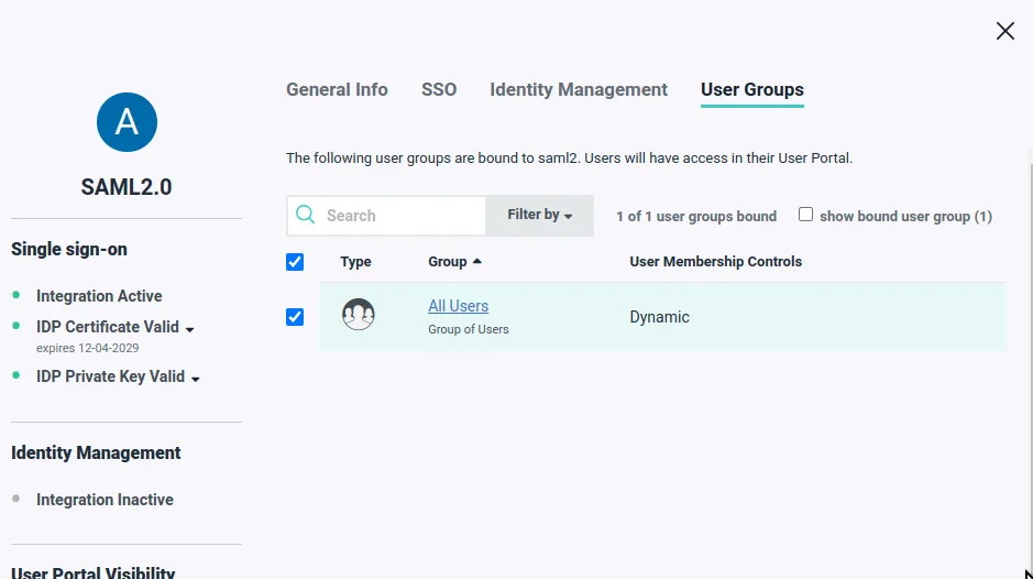 SAML2.0 SSO configuration showing User Groups tab with one user group bound to the system.