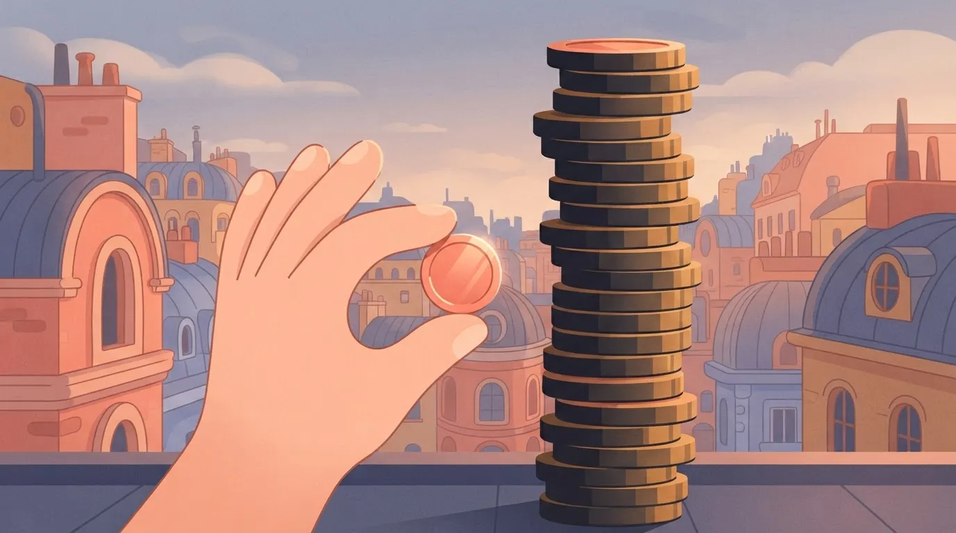 Small coin held before a huge coin tower