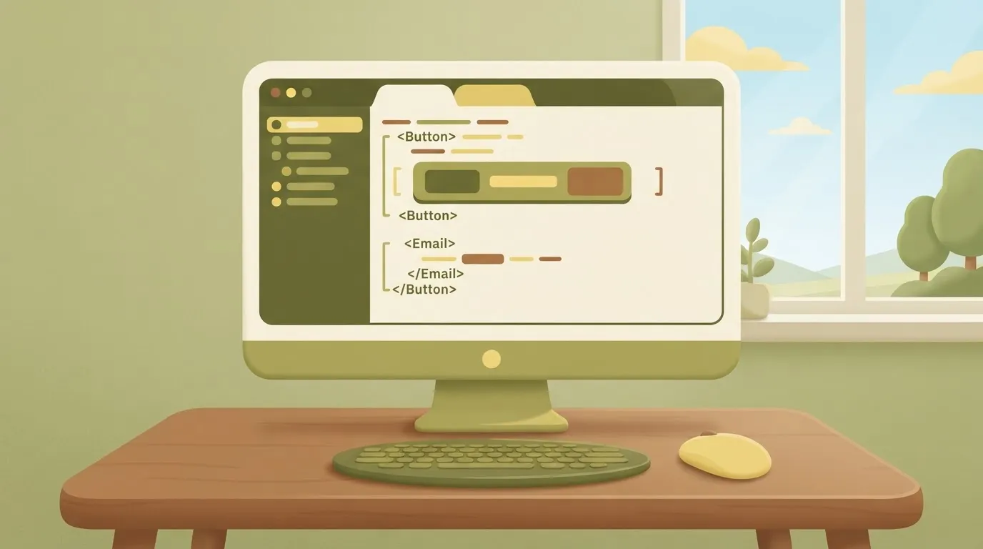 A computer monitor displaying a code editor with a React Email library open, showing a few lines of code that define a…