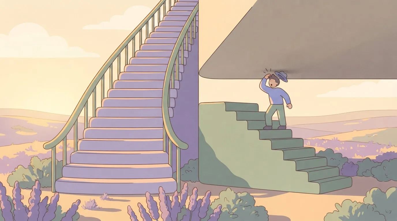 Two staircases side by side: one rises in many steps to a great height; the other is a short flight with a low ceiling just…