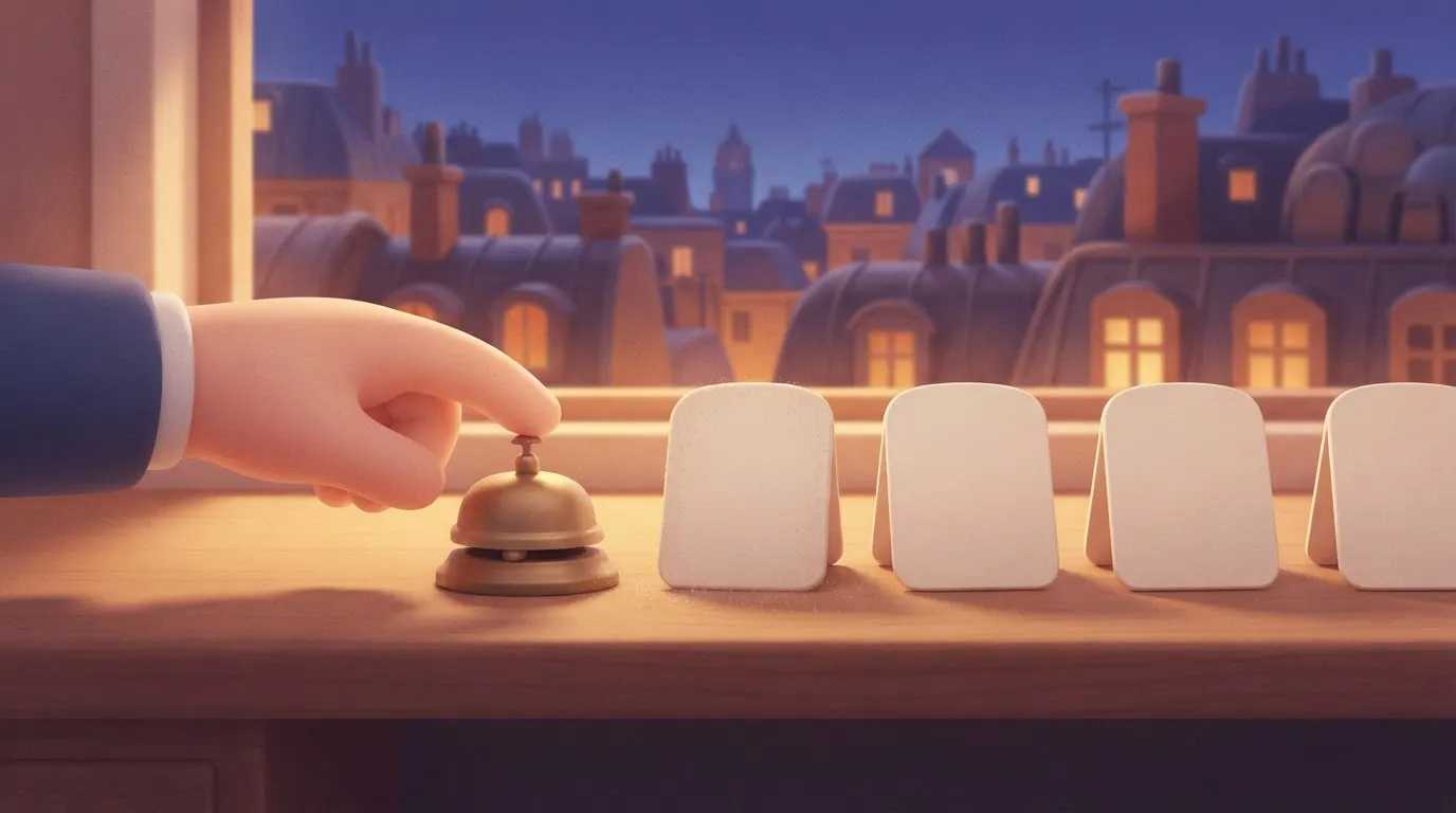 A desk with a row of candidate name cards; one card has a thin layer of dust and a small brass bell beside it, with a hand…