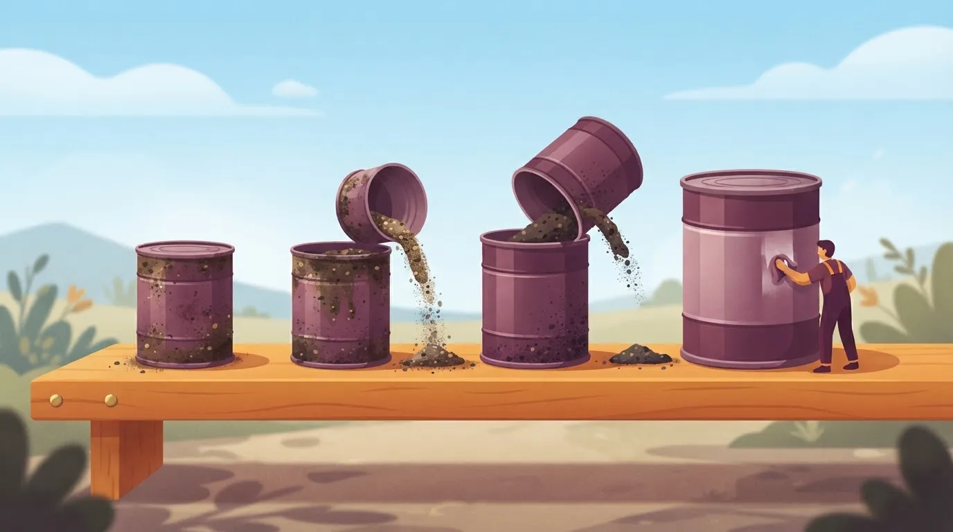 Chain of progressively larger cans, each spilling into the next