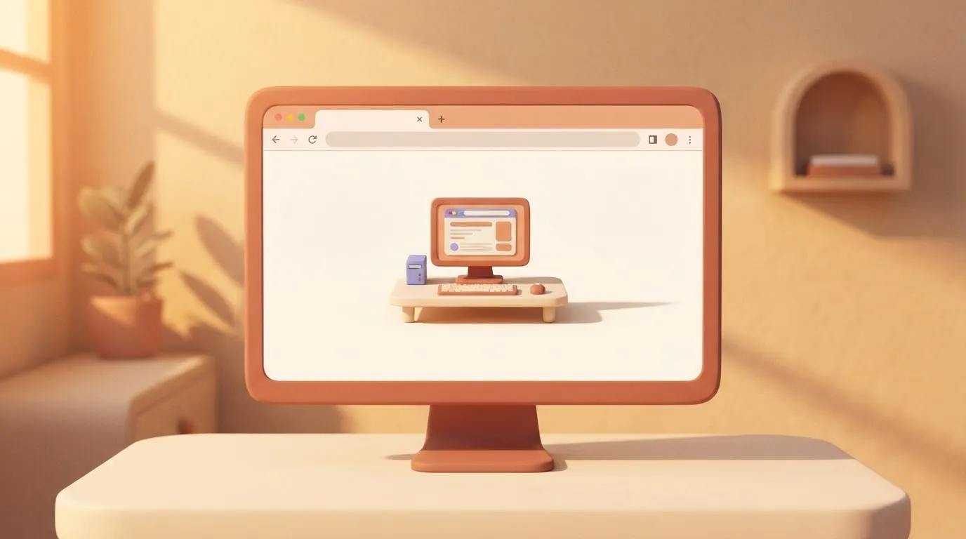 A browser window on a screen; inside the window, a tiny, complete desktop computer with its own monitor and keyboard is…