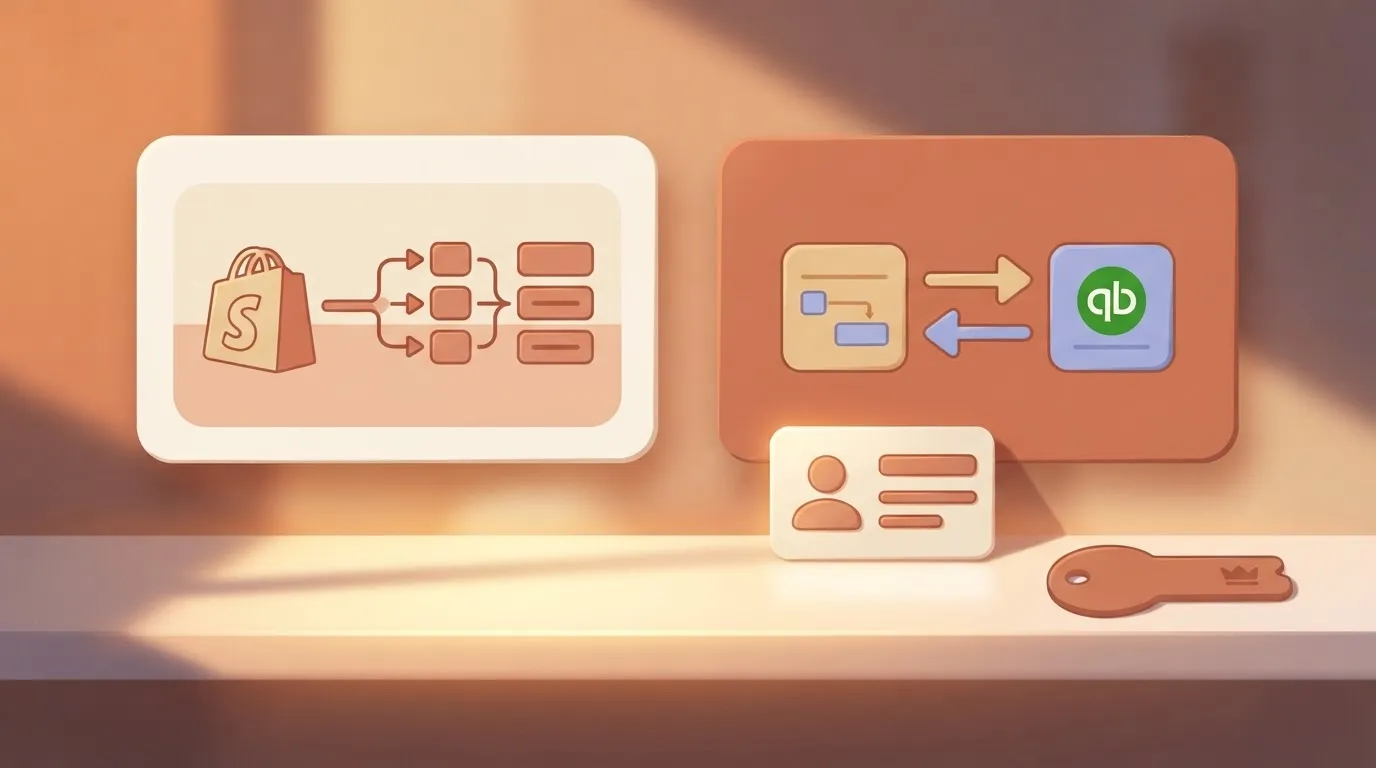 A Shopify app-install permission screen beside a QuickBooks Online authorisation screen, with a standard user's login card…