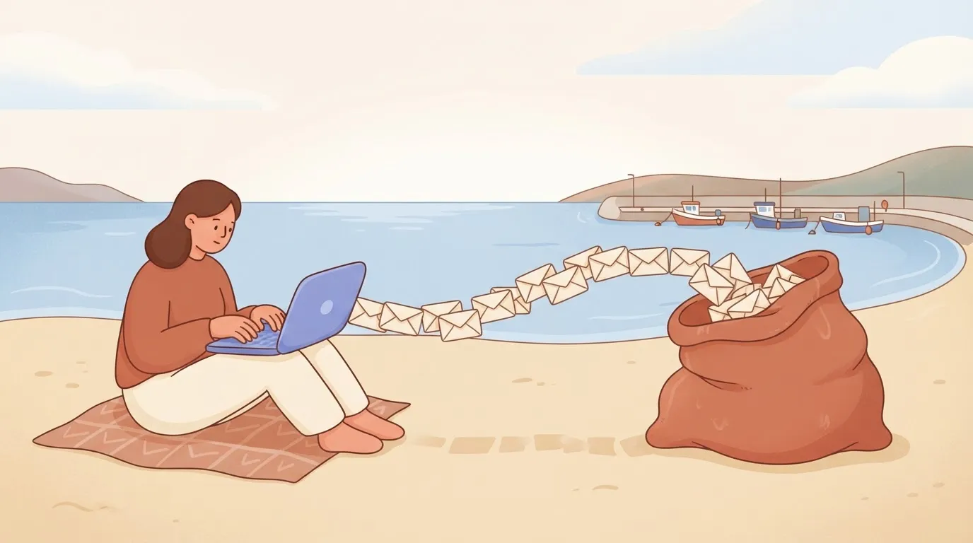 One person typing, a stream of envelopes leaving the laptop, one per letter