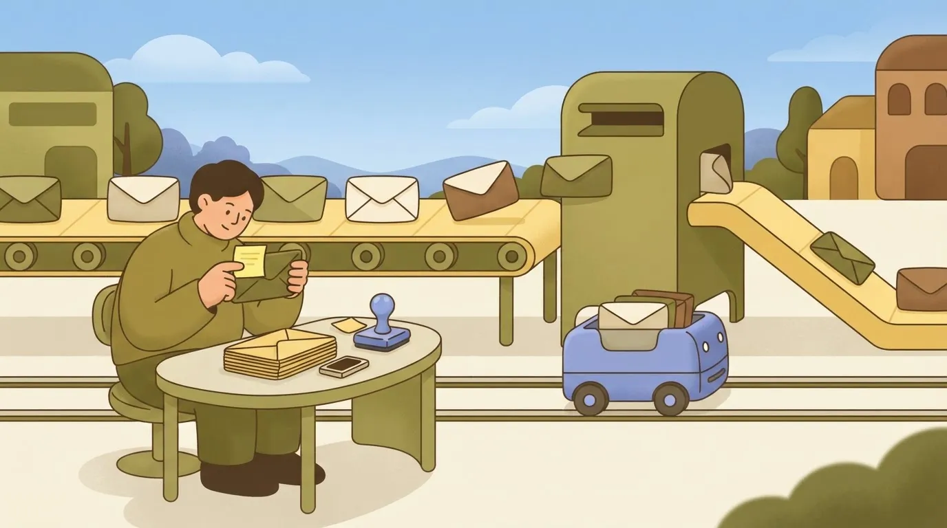 A person reads one short note before envelopes reach a mailbox.