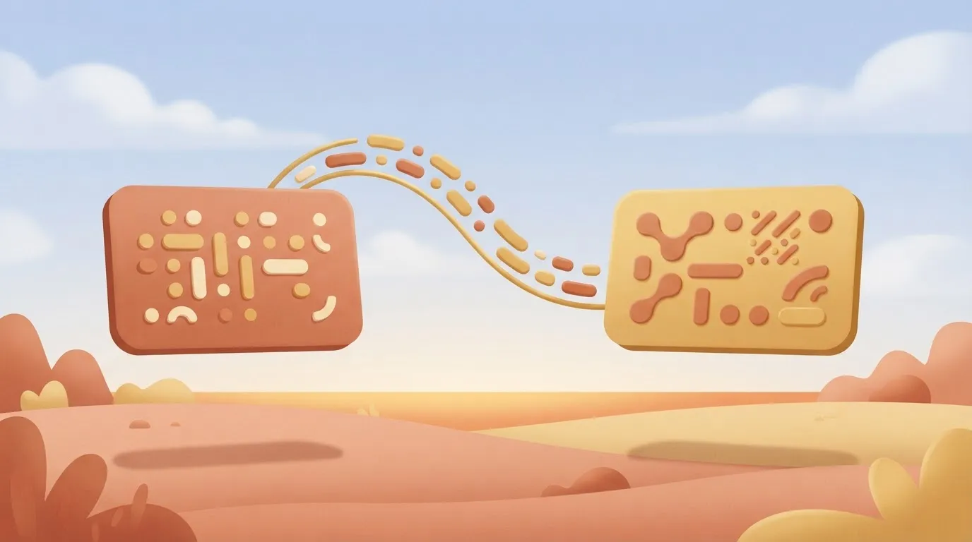 A rectangular digital card representing a billing platform, with a stylized line showing data flowing into a second card…