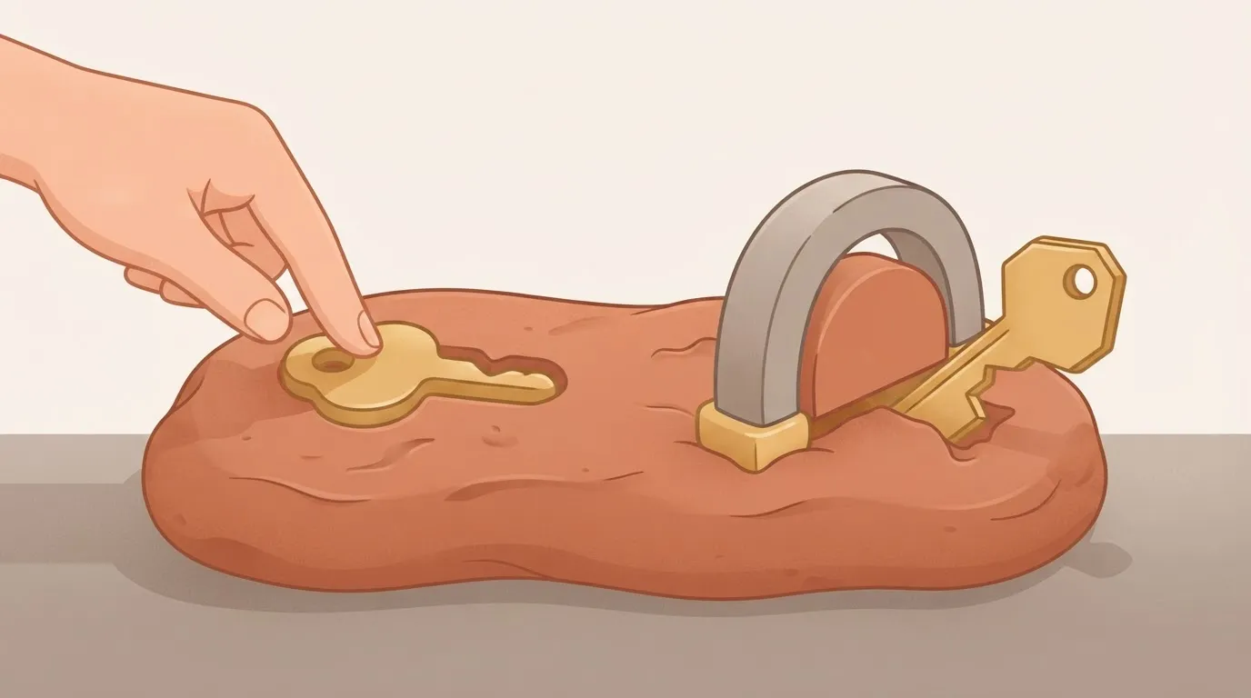 Two different keys are being pressed into the same lump of clay; one fits the existing indentation perfectly, while the…