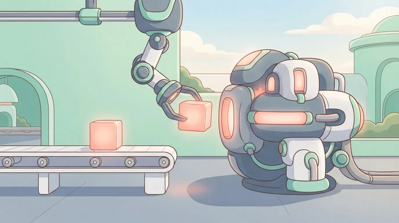 A small conveyor belt where a mechanical arm (the runner) is picking up a single glowing cube and placing it into a larger…