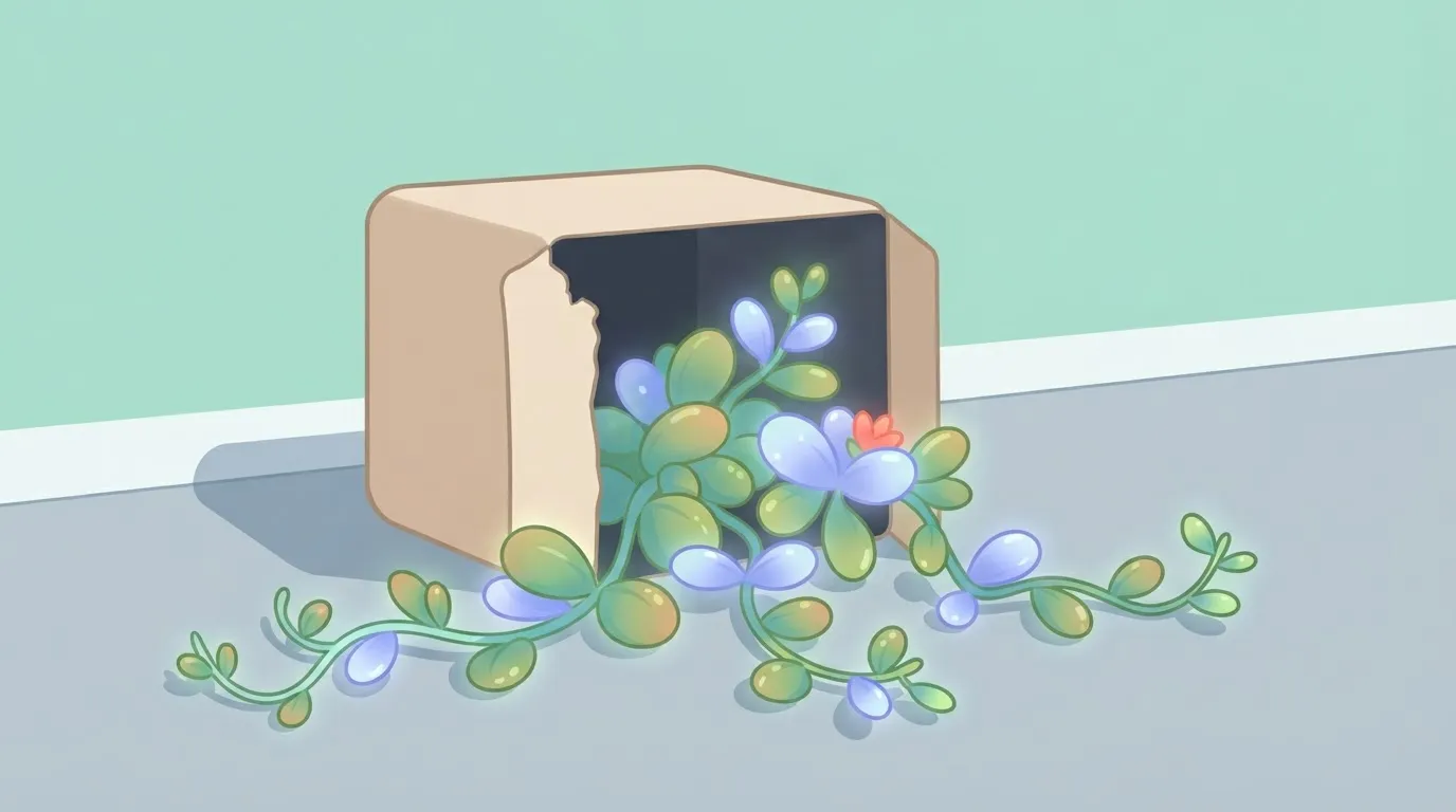 A standard square cardboard box with one side torn open; a vibrant, glowing vine or plant is growing out from the dark…