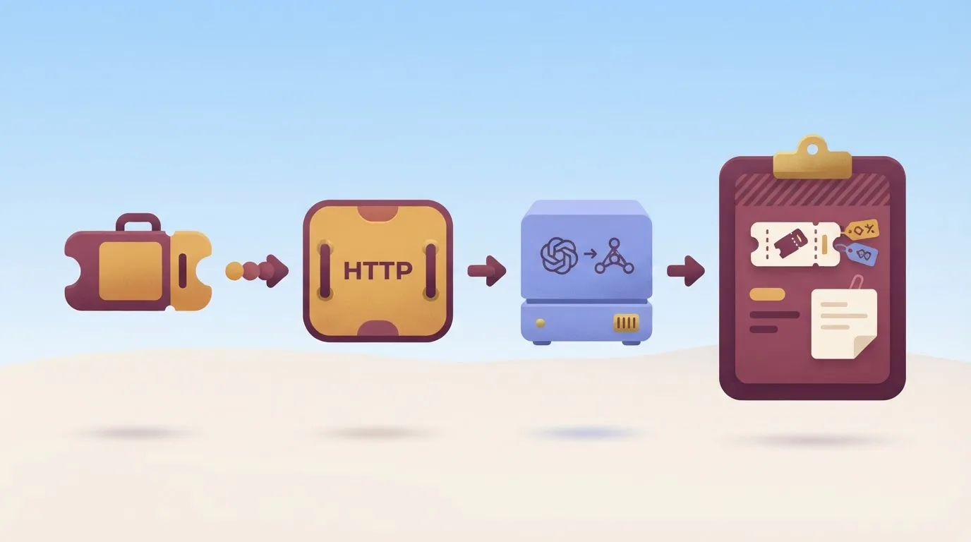Three workflow step cards linking a ticket to a server and a tagged ticket