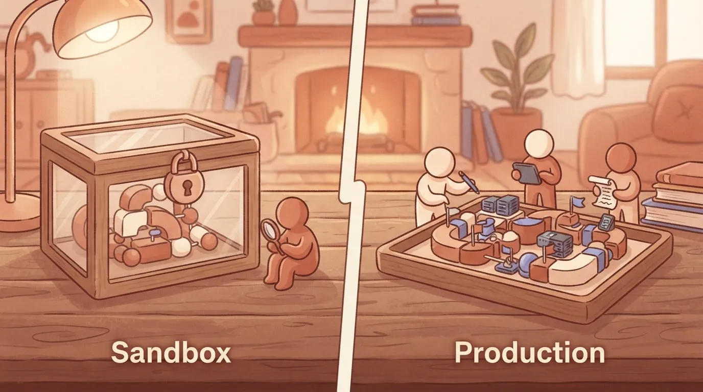 A split-screen view showing two distinct 'environment' boxes: one labeled as a 'Sandbox' with a lock icon, and another as…
