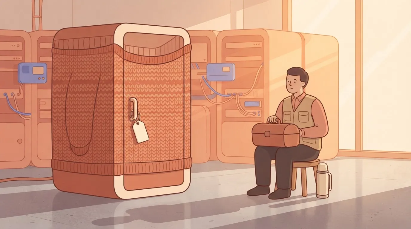 A tiny blank tag on a large sweater-wearing server with an engineer keeping watch.