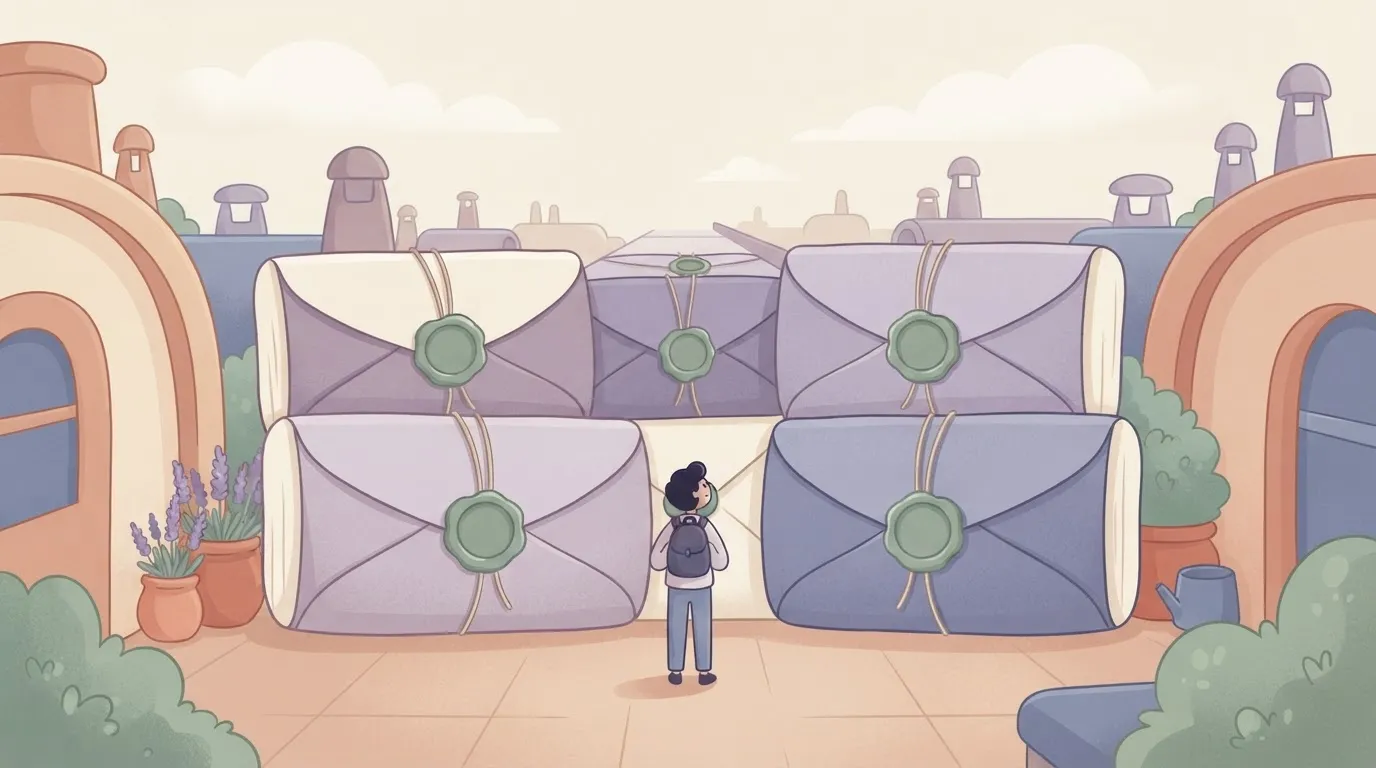 A person stands in front of a wall of five oversized, thick paper envelopes that are stacked high like bricks, blocking…