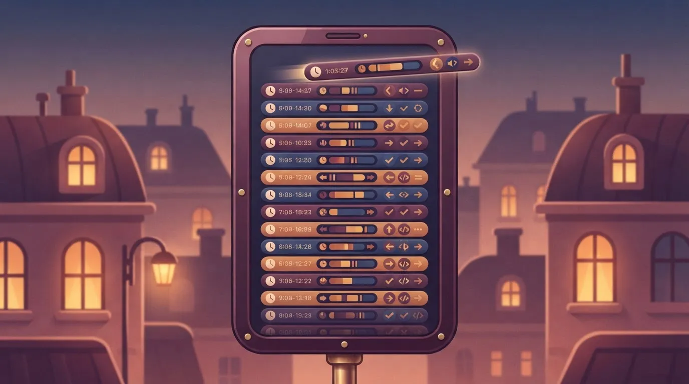 A digital screen displaying a detailed audit trail as a vertical list of time-stamped log entries, showing a sequence of…
