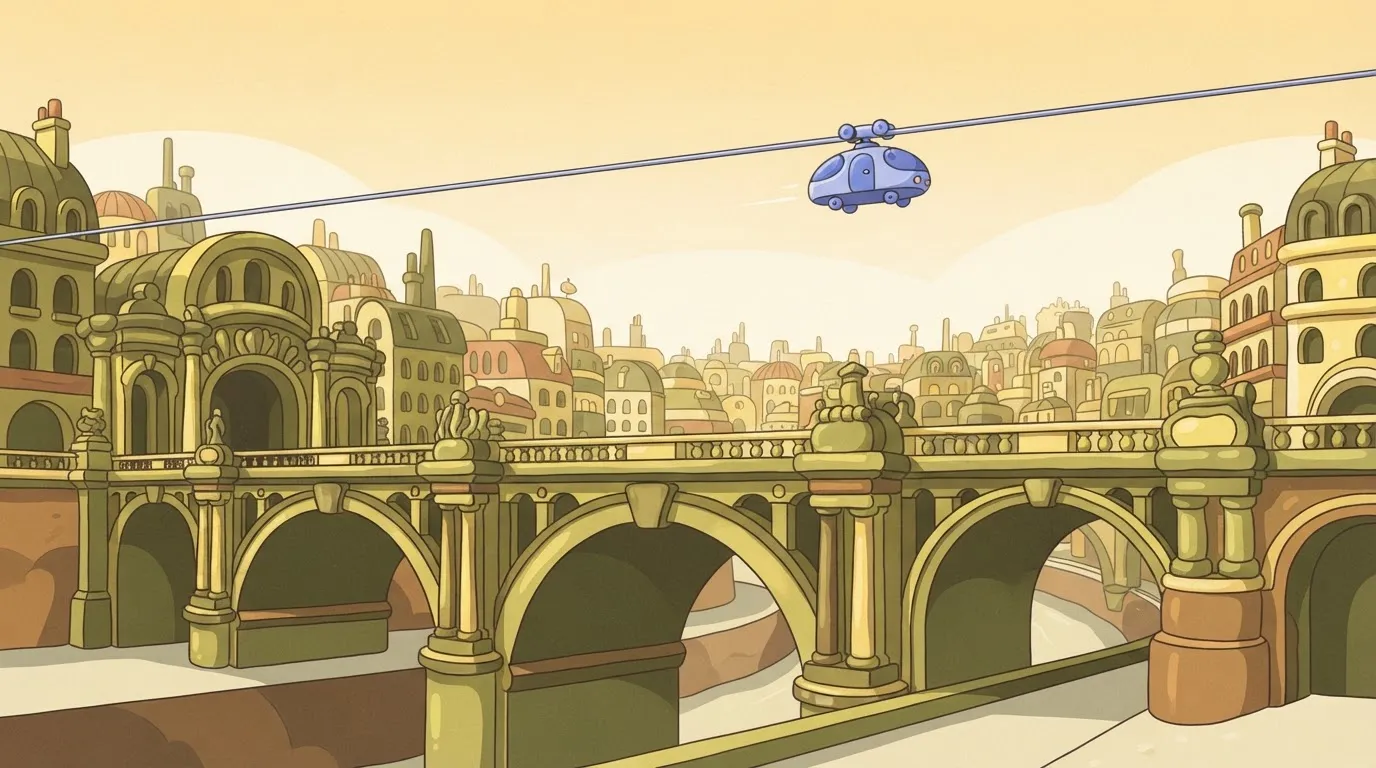 A heavy, ornate bridge with many pillars (labeled reasoning) and a thin, sleek zip-line cable running straight across the…