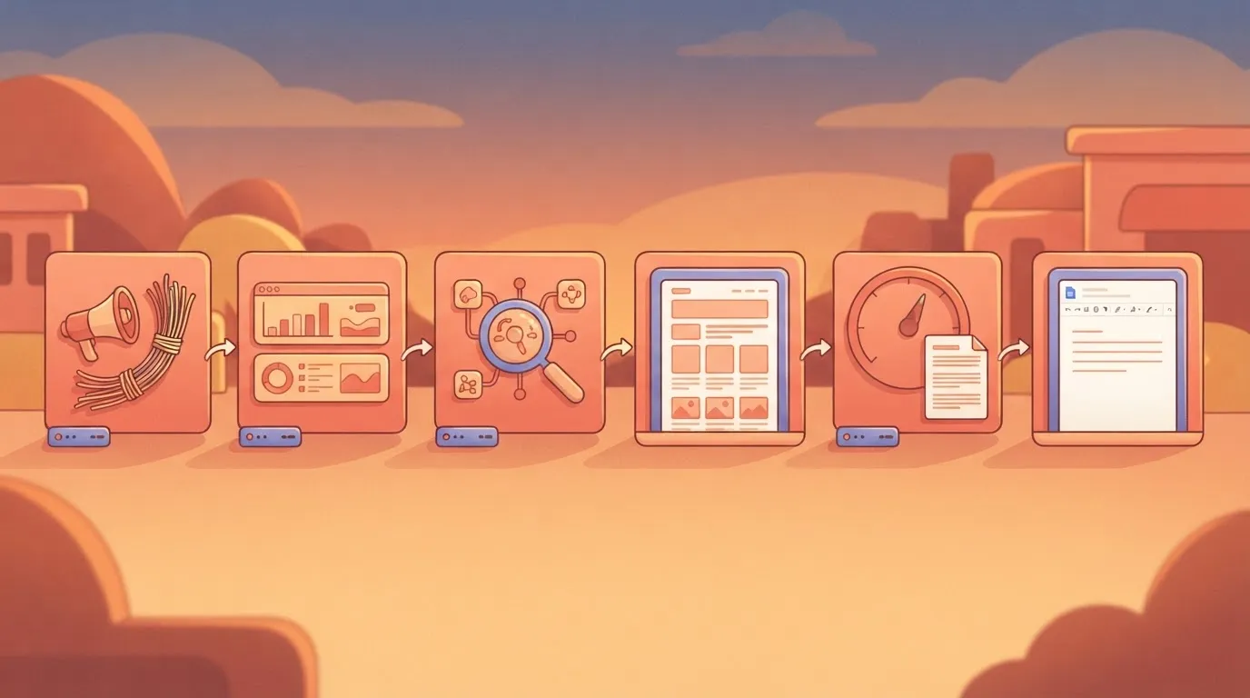 A row of six boxes joined by arrows: the fourth holds a web page with tags removed, the fifth a score dial and short…