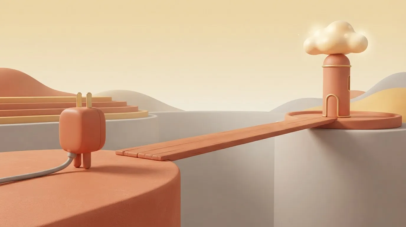Short cord ending at a gap with a plank bridge to a distant tower