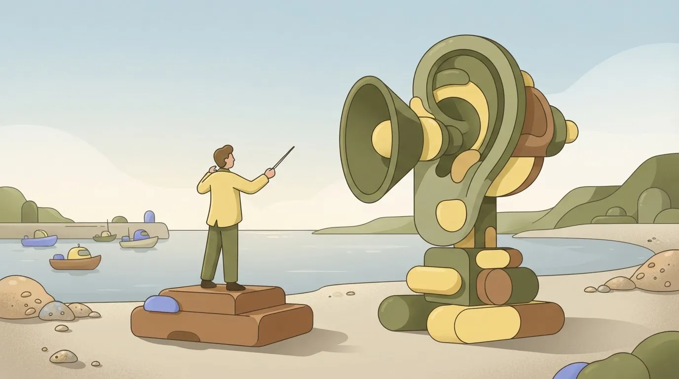 A conductor at a podium with a baton, facing a single, massive, oversized mechanical ear mounted on a pedestal.
