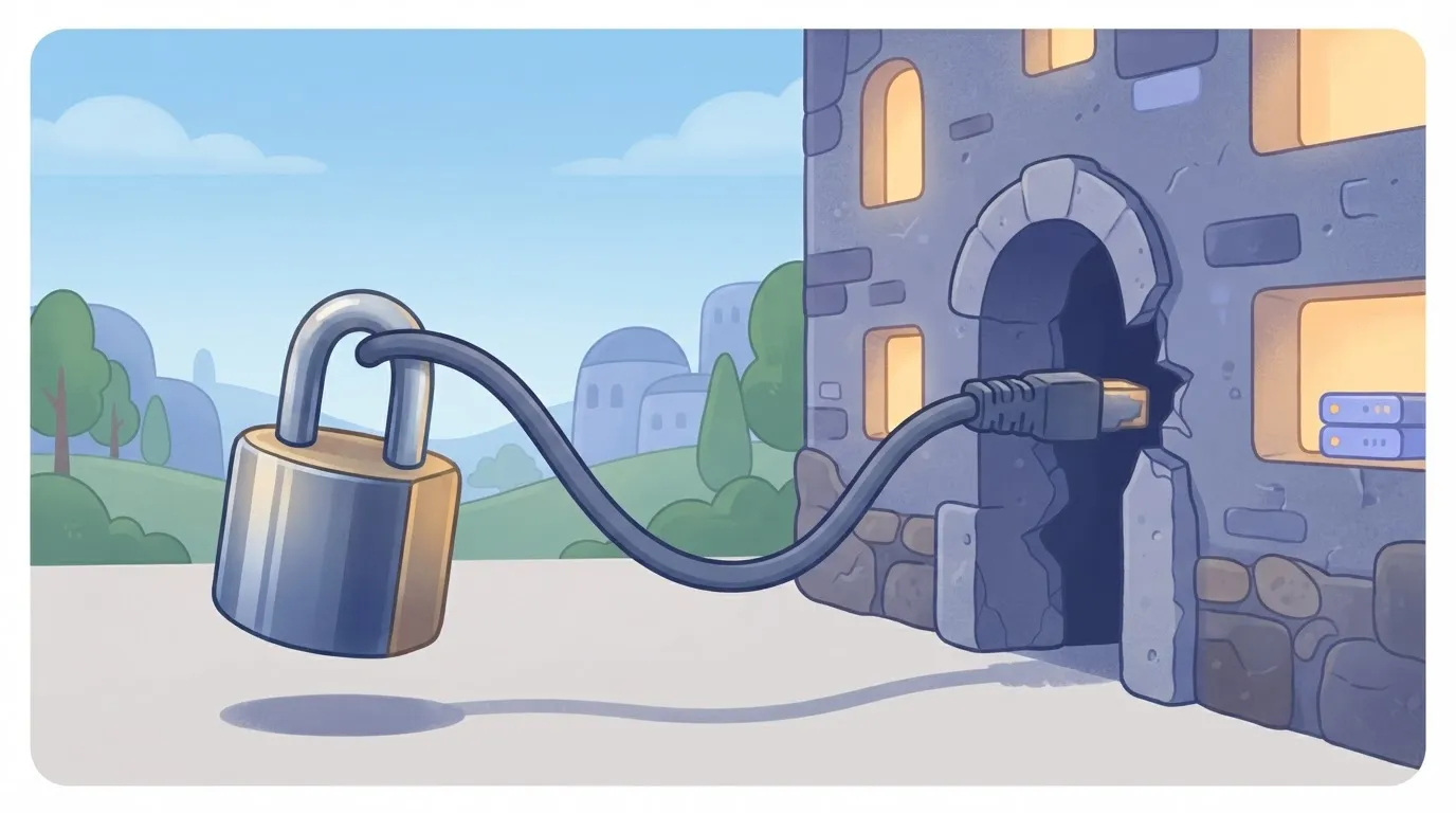 A thick metal padlock hanging securely from a computer cable, while the other end of the cable is plugged into a jagged…