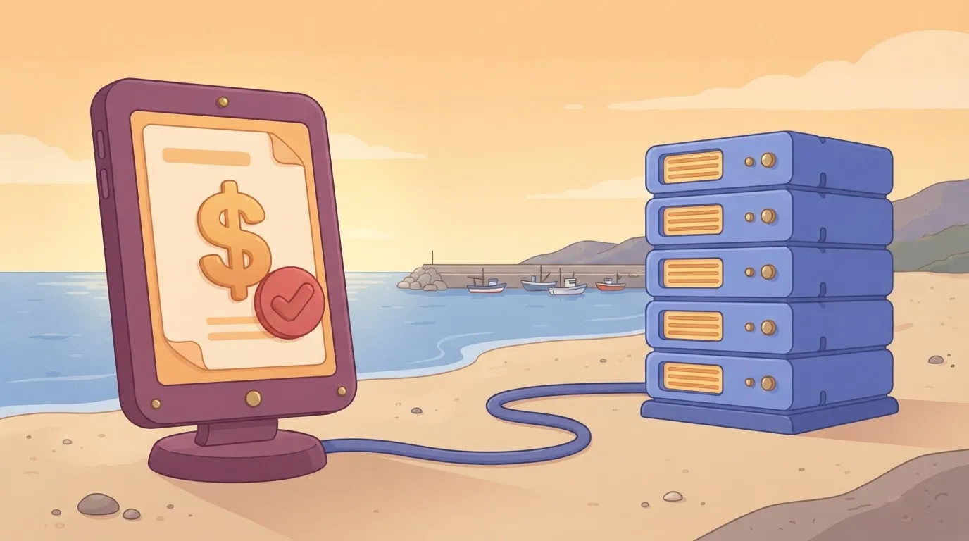 A digital invoice document with a bold currency symbol and a status stamp, connected by a thick cable to a server rack…