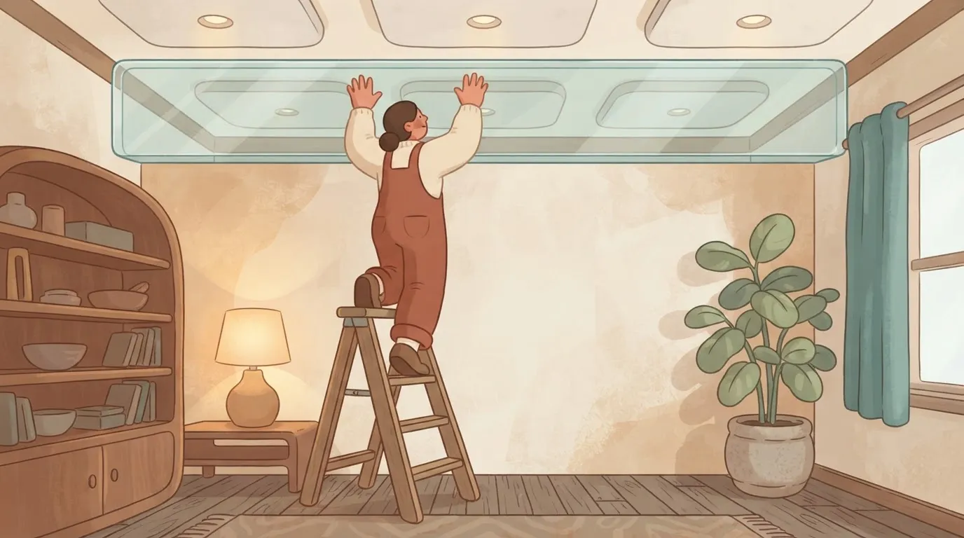 A person stands on a ladder reaching for a ceiling panel, but their hands are pressed flat against a thick, transparent…