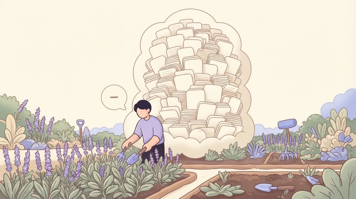 Tiny speech bubble beneath an enormous thought cloud of pages