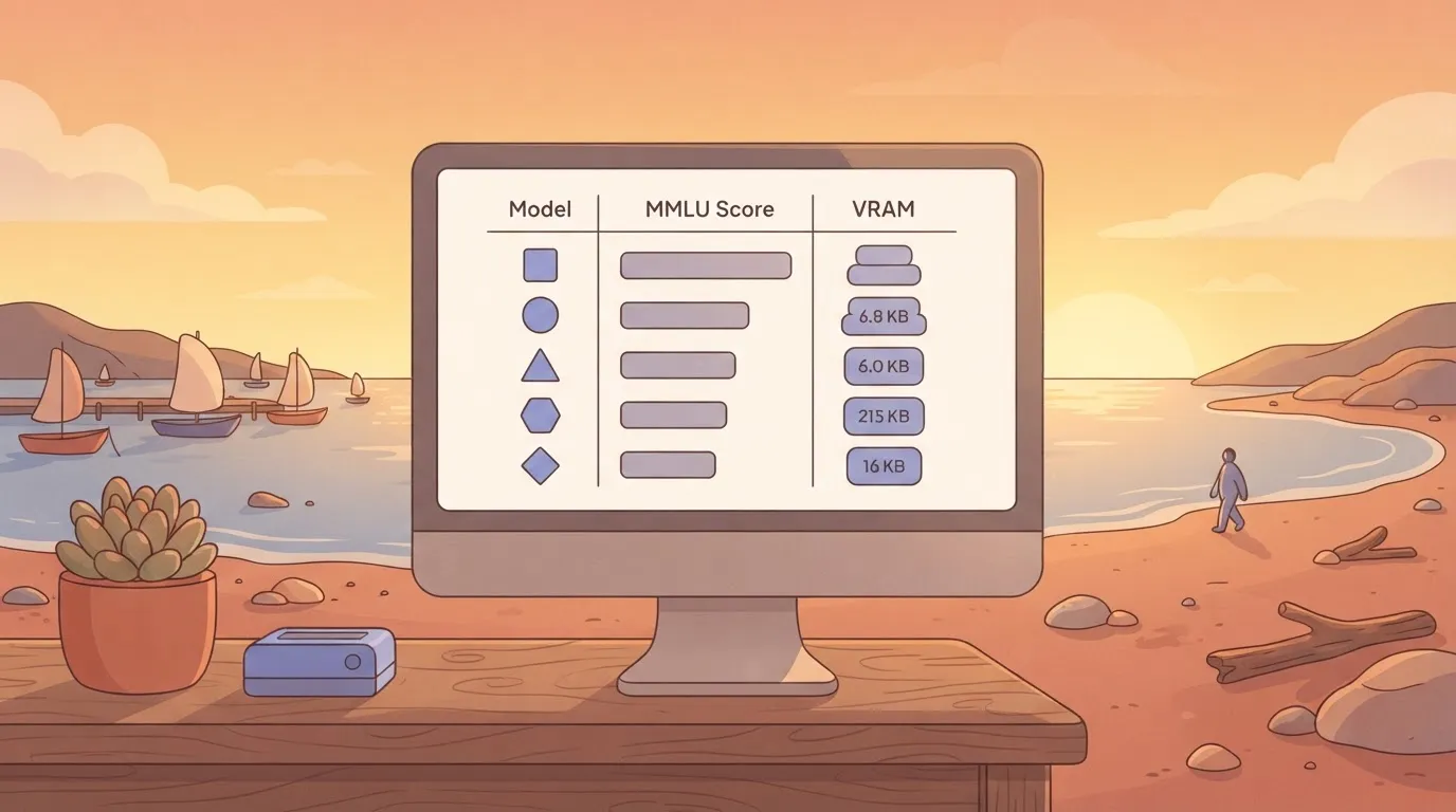 A computer monitor displays a table with three columns: one for 'Model', one for 'MMLU Score', and one for 'VRAM', with…