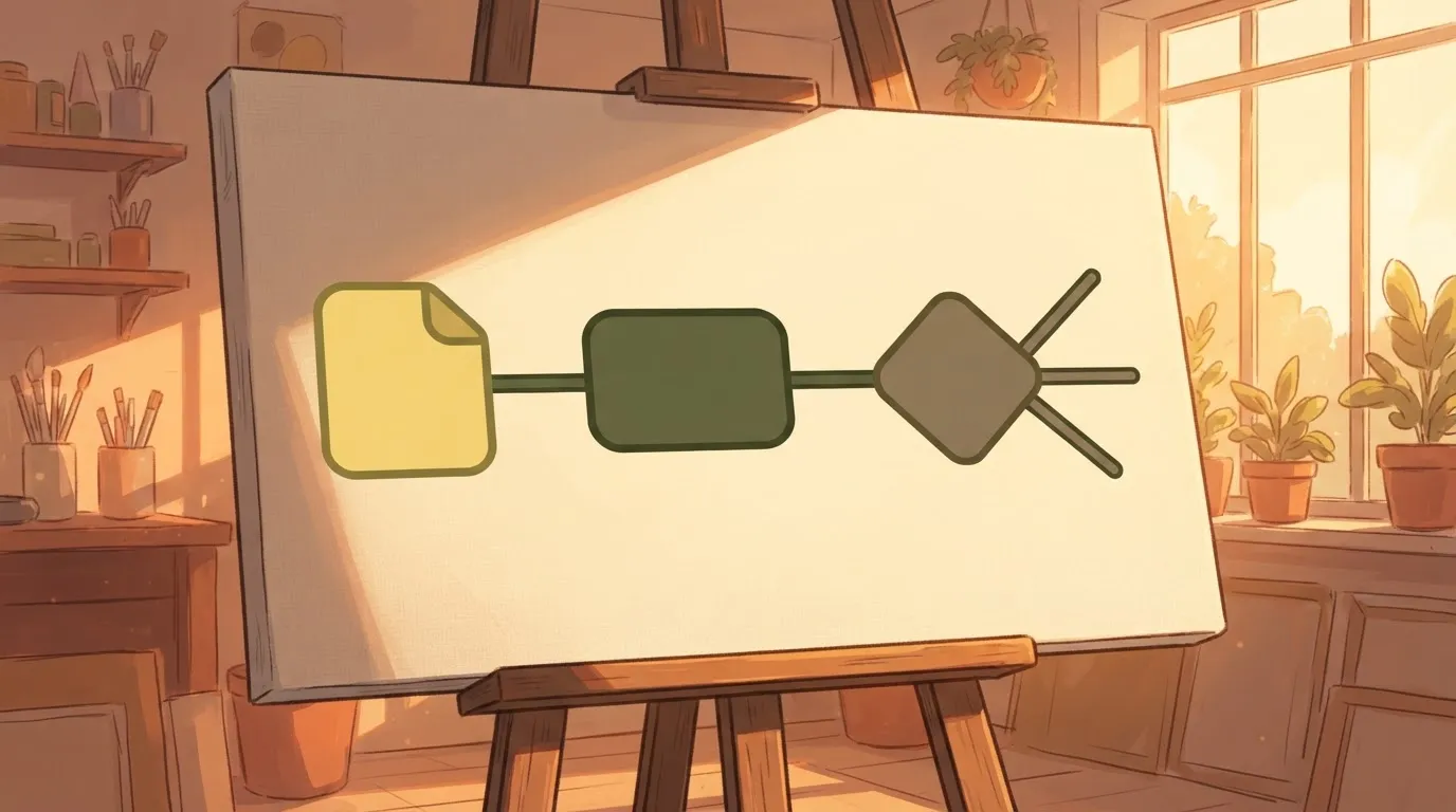 A plain drawing of a canvas showing a flowchart; a square icon representing a file is connected by a line to a rectangular…