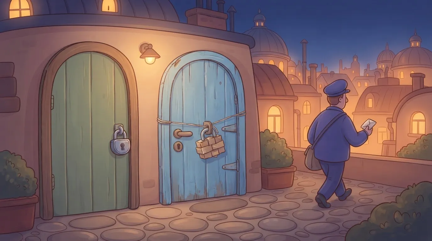Postman turning away from a door with a cardboard padlock