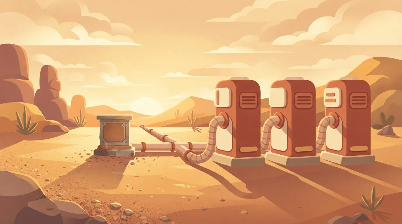 Three ready machines on a pipe whose source plinth is empty