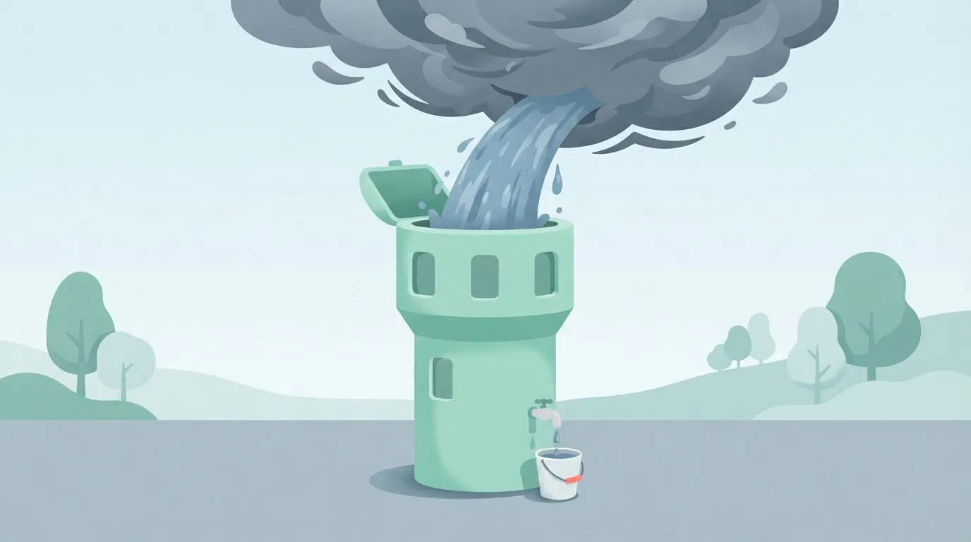 A water tower with a tiny, steady faucet at the bottom, dripping into a bucket, while a massive storm cloud above dumps a…