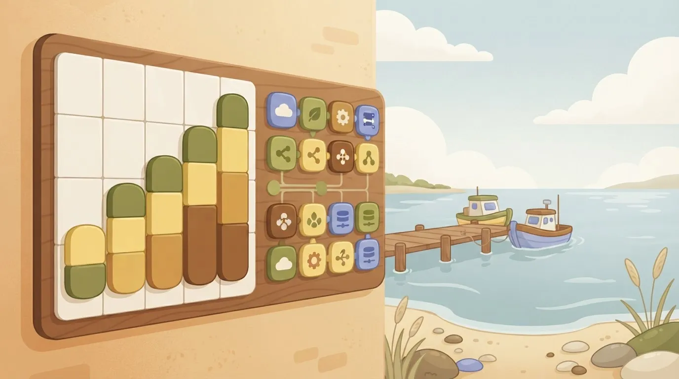 Rising bar chart of connector pieces beside a grid of app tiles