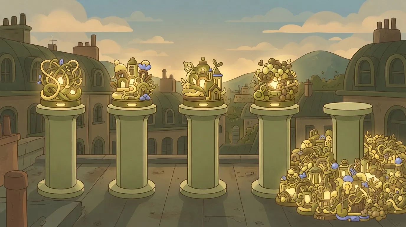 A row of five tall, identical pedestals.
