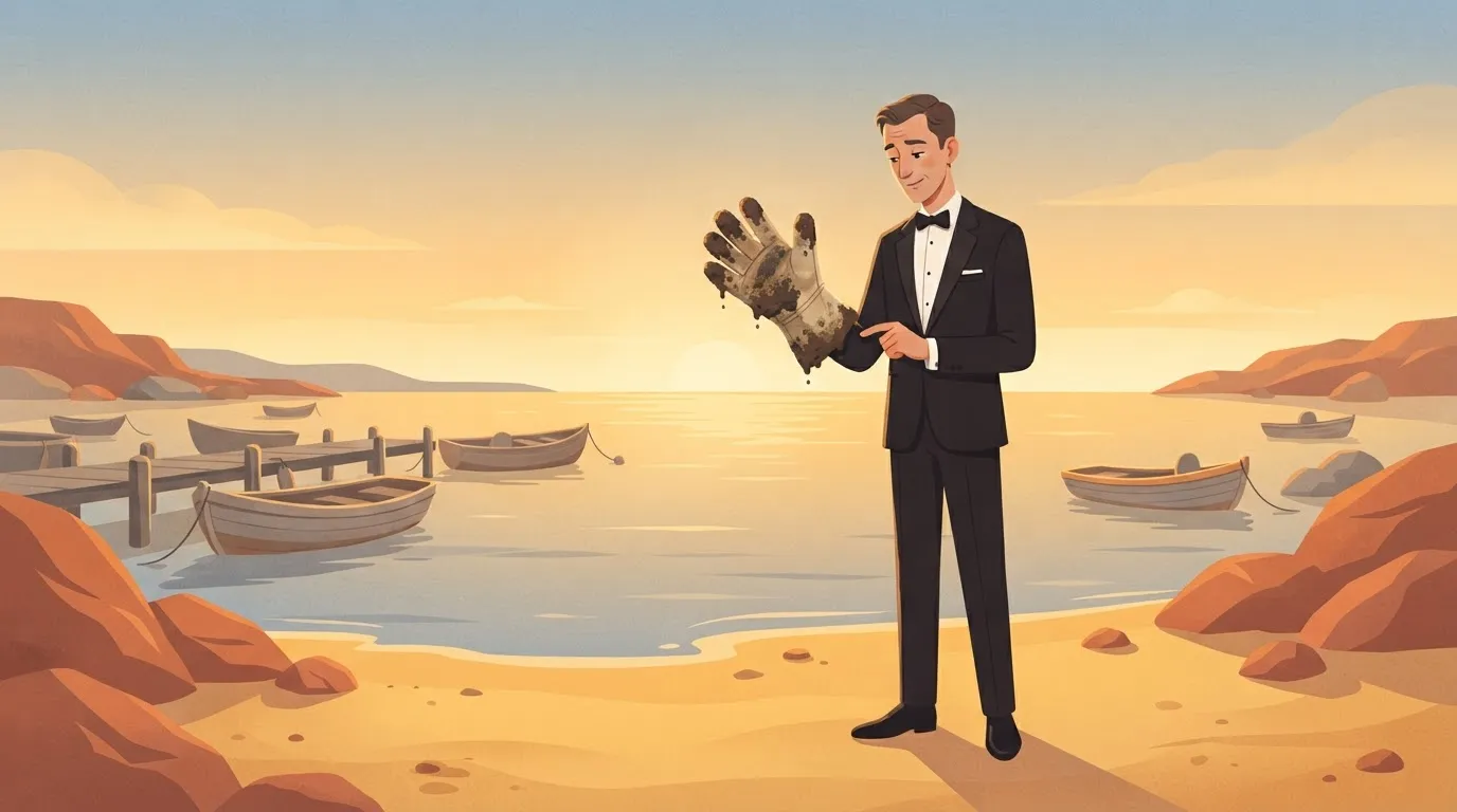 A man in a tailored tuxedo wearing a single, oversized, muddy gardening glove on one hand.