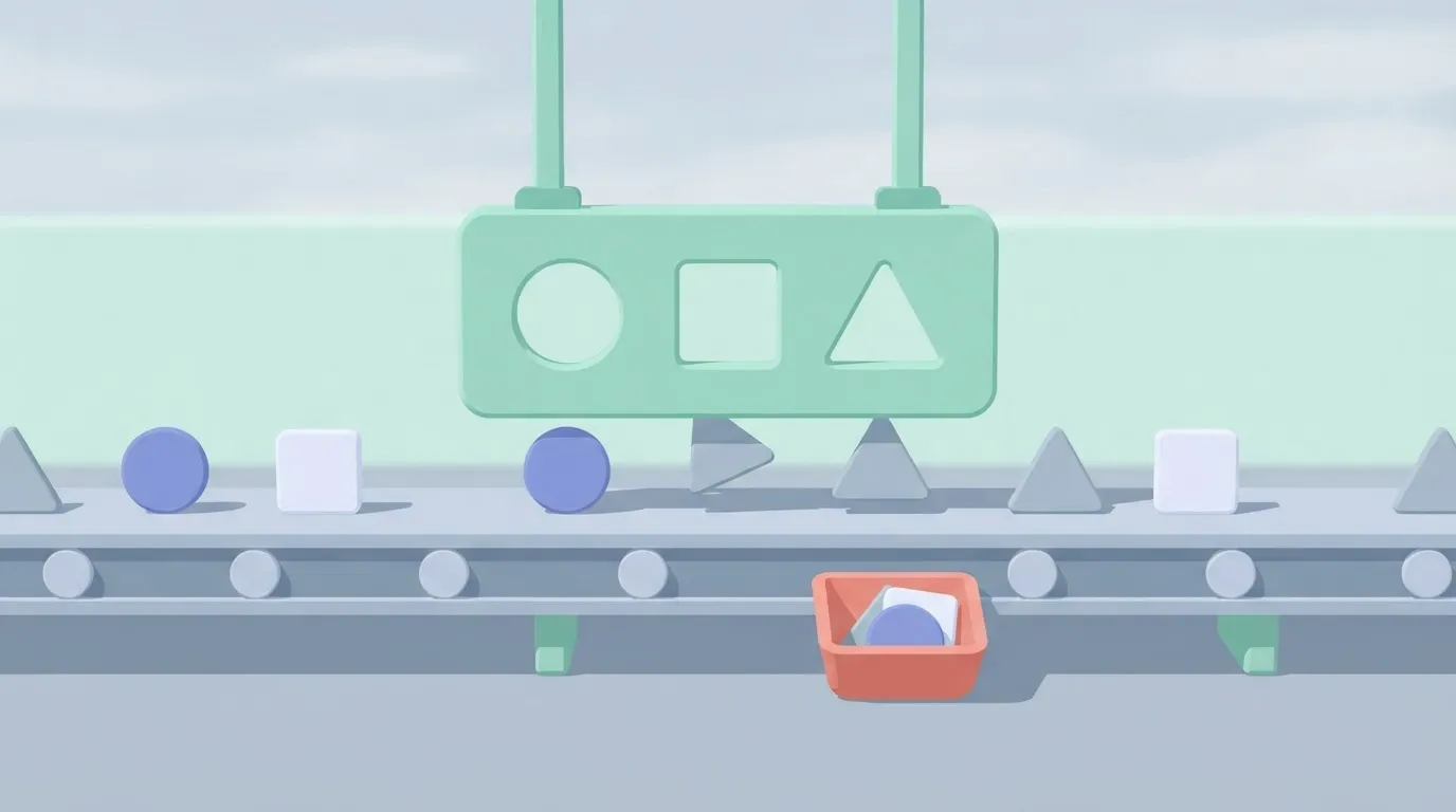 A physical mold with specific geometric cutouts (circles, squares, triangles) placed over a conveyor belt.