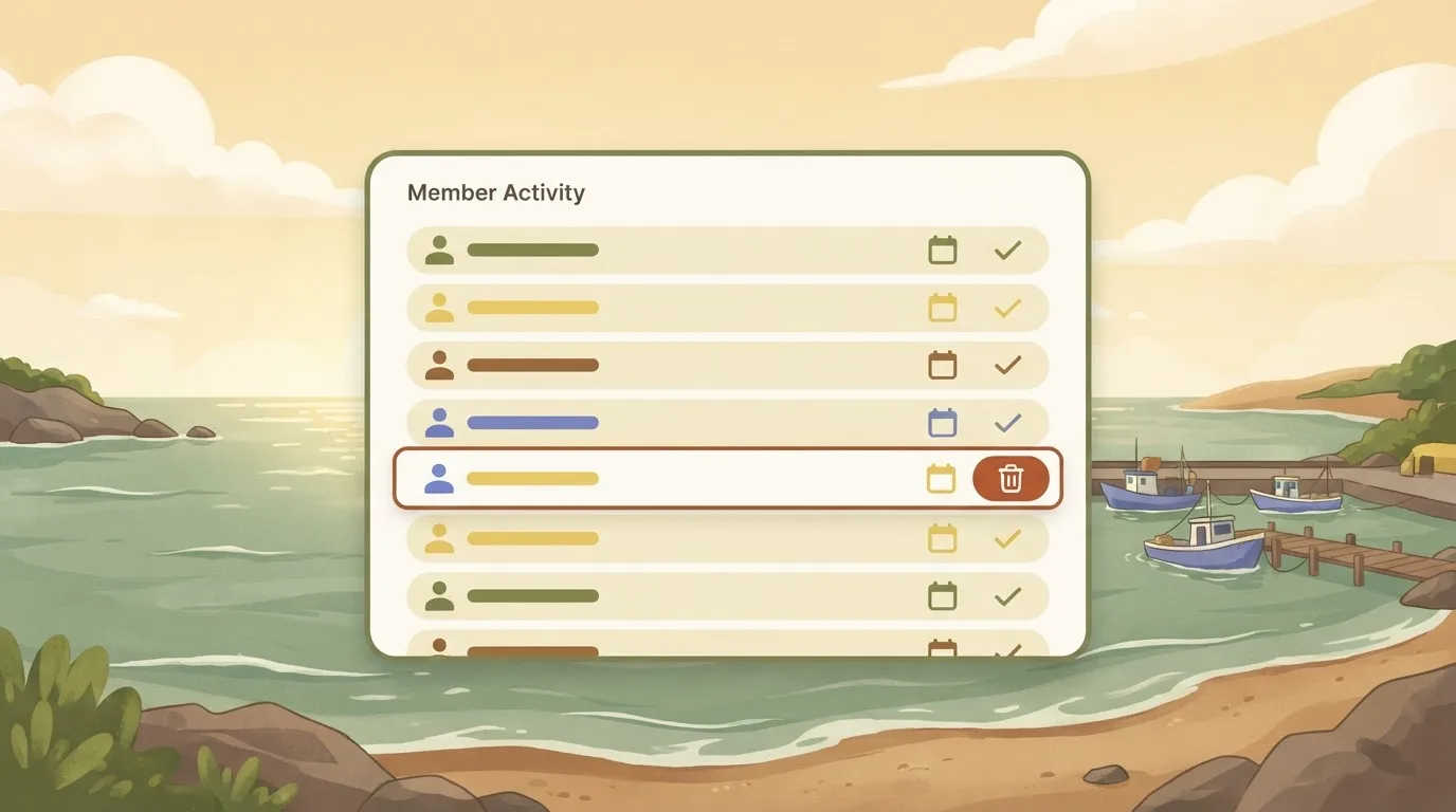 A rectangular user interface showing a list of 'Member Activity' logs, where each row displays a user icon, a date, and a…